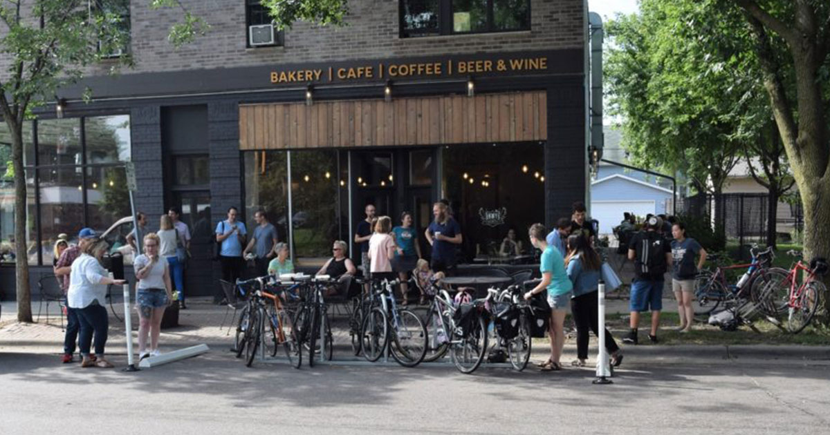 Bike parking corral in front of Groundswell in Saint Paul.