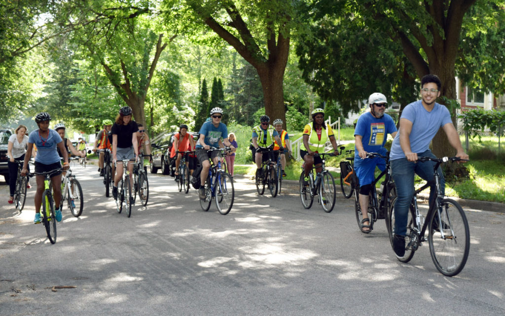 People riding bikes on a Slow Roll in Saint Paul