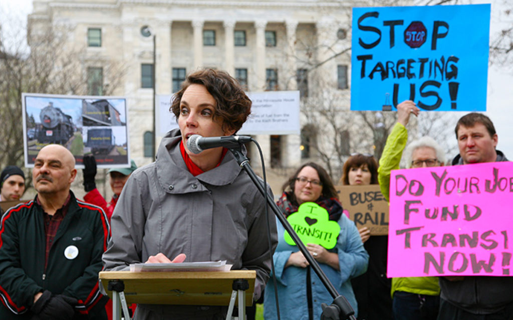 Jessica Treat speaking at a rally