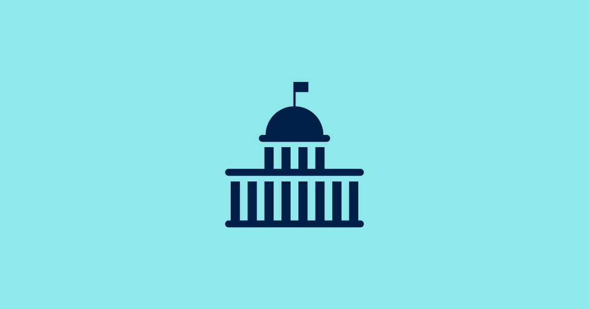 Teal and navy blue icon of capitol building