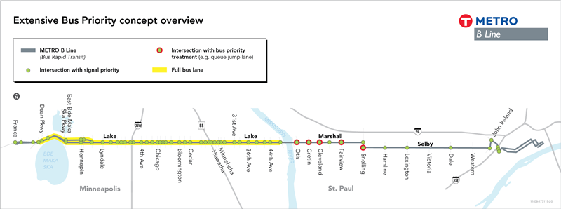 A map overview of the extensive bus priority concept stretching from Saint Paul to Minneapolis 