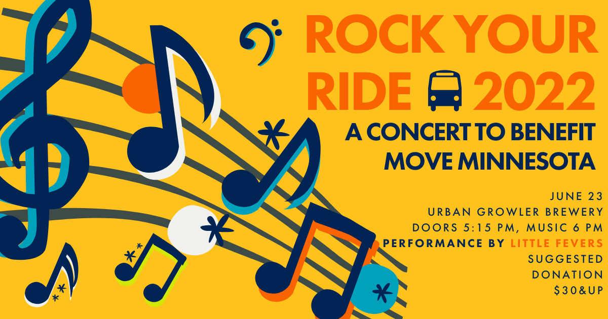 Event Graphic: Rock Your Ride 2022 - a June 23 benefit concert for Move Minnesota. Brightly colored illustration features music notes and bus icon.