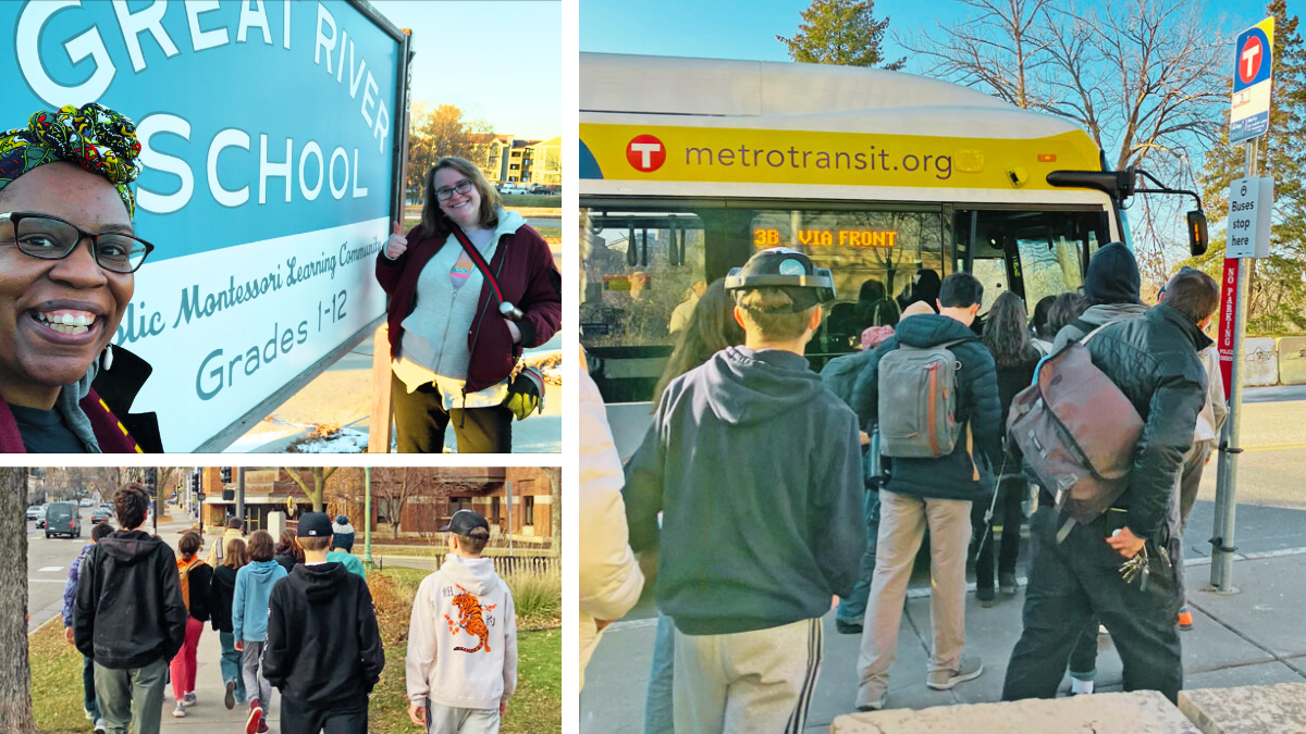 A mosaic of images featuring Move Minnesota staff smiling in front of a Great River School sign and students taking public transit
