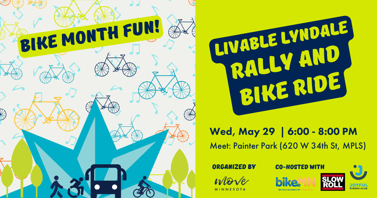 A sky of brightly colored bikes and musical notes hover above the iconic Lyndale Avenue blue star next to text reading "Livable Lyndale Bike Rally & Ride"