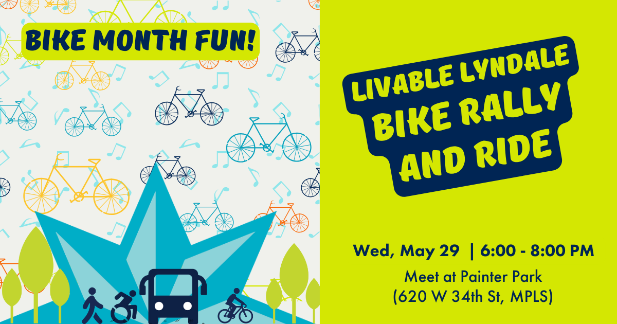 A sky of brightly colored bikes and musical notes hover above the iconic Lyndale Avenue blue star next to text reading "Livable Lyndale Bike Rally & Ride"