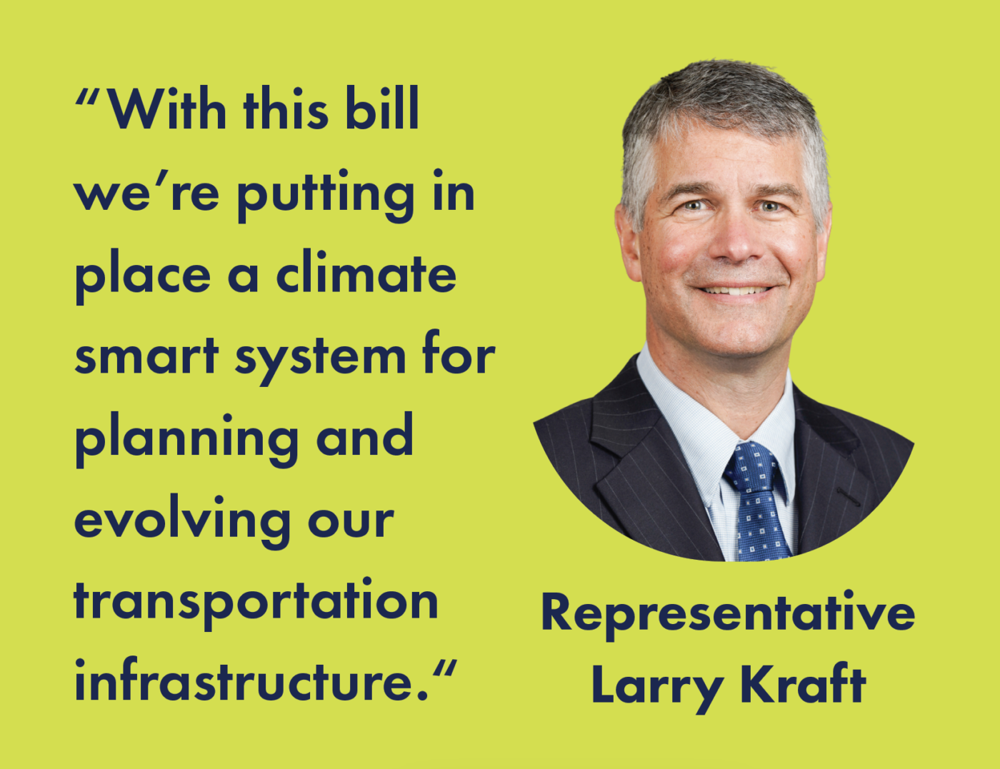 Quote graphic: "With this bill we're putting in place a climate smart system for planning and evolving our transportation infrastructure." - Minnesota State Representative Larry Kraft. Graphic features a profile photo of Rep. Kraft.