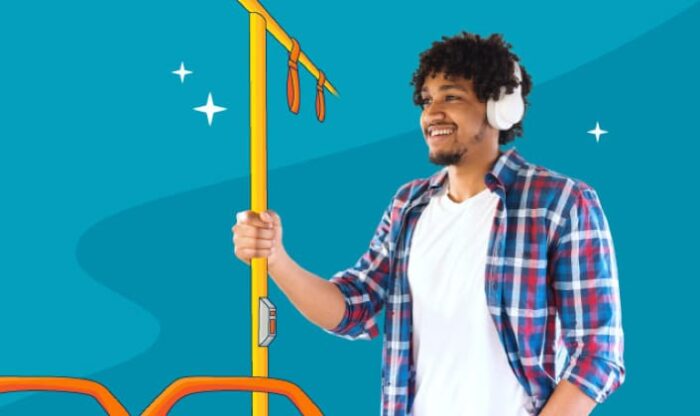 Illustration of a man holding a railing in a bus.