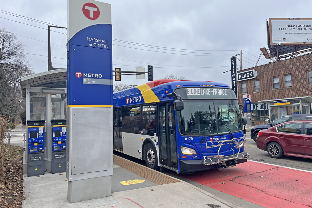 A B Line bus at a stop in Saint Paul