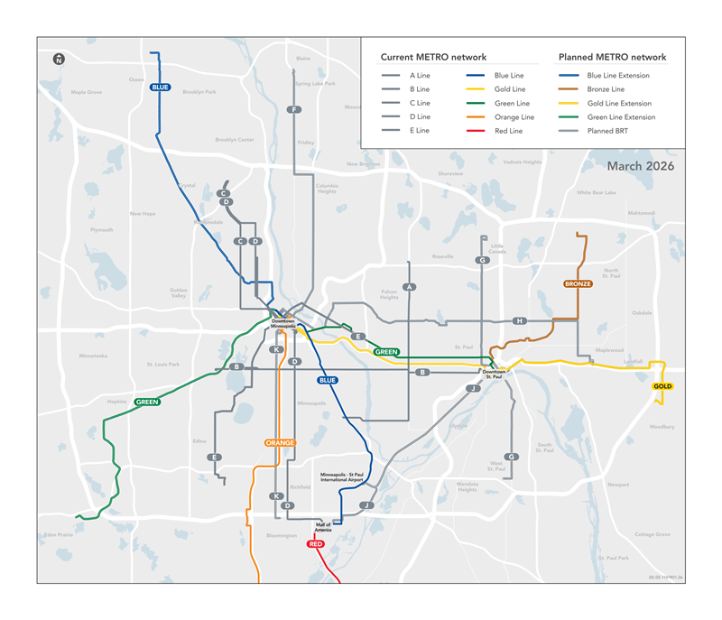 A map of the METRO network in the Twin Cities showing existing and planned light rail and bus rapid transit lines as of March 2026. Credit: Metro Transit.
