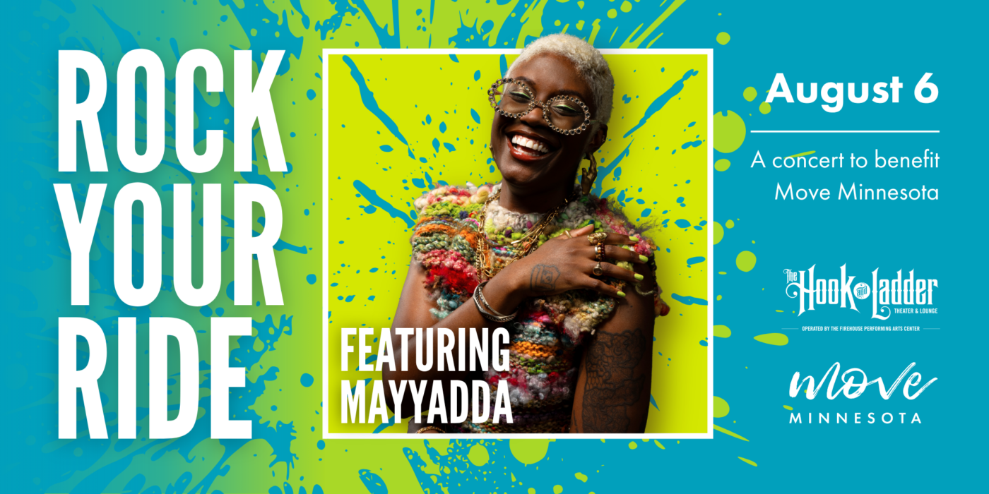 A blue graphic that says Rock Your Ride with a lime green splash behind a picture of the artist MAYYADDA.