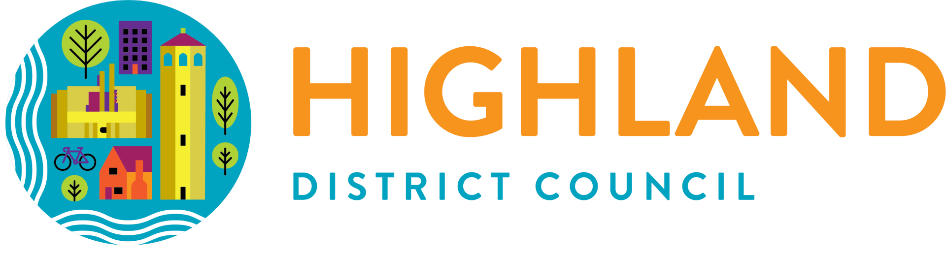 The logo for the Highland District Council which includes their name written in orange and blue font as well as a circular icon image with houses, trees, and a bike on a blue background.